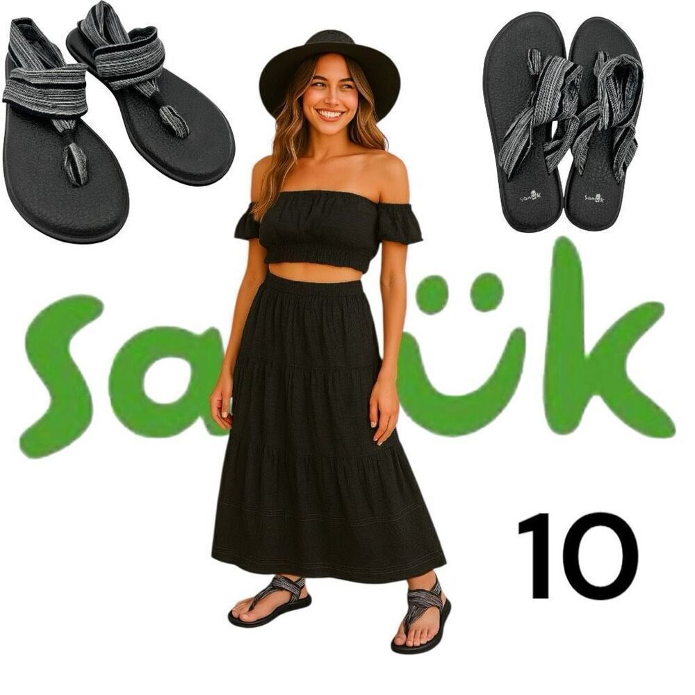 Sanuk Women's Yoga Sling 2 Sandals Flat Black White Size 10 Maternity comfort ￼